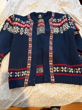 Classic Nordic Navy Open Cardigan Sweater with Red & White Pattern